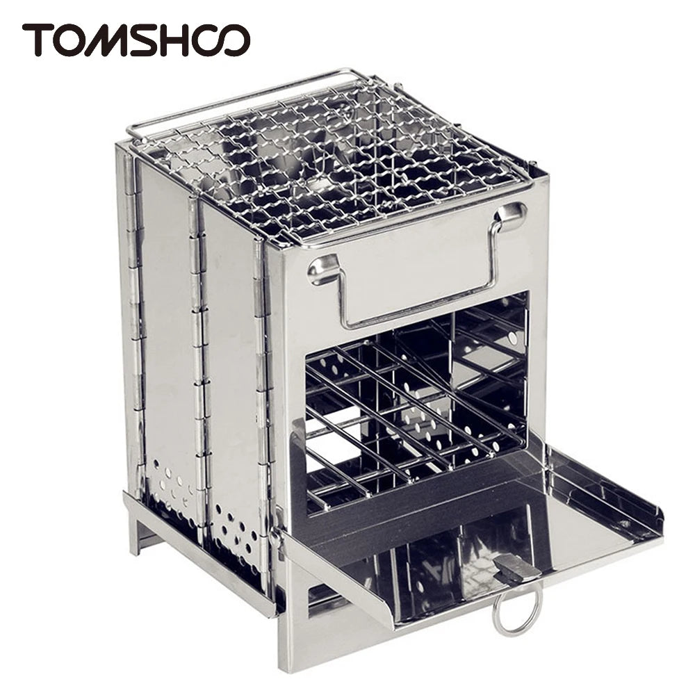 Portable Foldable Stainless Steel Camping Stove with Mini Charcoal Grill - Lightweight Barbecue Solution